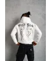 Erkek 3 İplik Pamuklu Kapüşonlu Baskılı Cepli Oversize Sweatshirt Hoodie - Beyaz
