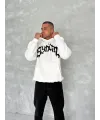 Erkek 3 İplik Pamuklu Kapüşonlu Baskılı Cepli Oversize Sweatshirt Hoodie - Beyaz