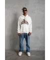 Erkek 3 İplik Pamuklu Kapüşonlu Baskılı Cepli Oversize Sweatshirt Hoodie - Beyaz
