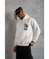 Erkek 3 İplik Pamuklu Kapüşonlu Baskılı Cepli Oversize Sweatshirt Hoodie - Beyaz