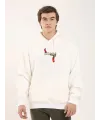 Erkek 3 İplik Pamuklu Kapüşonlu Baskılı Cepli Oversize Sweatshirt Hoodie - Beyaz