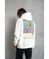 Erkek 3 İplik Pamuklu Kapüşonlu Baskılı Cepli Oversize Sweatshirt Hoodie - Beyaz