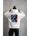 Erkek 3 İplik Pamuklu Kapüşonlu Baskılı Cepli Oversize Sweatshirt Hoodie - Beyaz