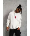 Erkek 3 İplik Pamuklu Kapüşonlu Baskılı Cepli Oversize Sweatshirt Hoodie - Beyaz