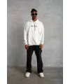 Erkek 3 İplik Pamuklu Kapüşonlu Baskılı Cepli Oversize Sweatshirt Hoodie - Beyaz