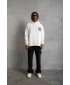 Erkek 3 İplik Pamuklu Kapüşonlu Baskılı Cepli Oversize Sweatshirt Hoodie - Beyaz