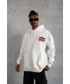 Erkek 3 İplik Pamuklu Kapüşonlu Baskılı Cepli Oversize Sweatshirt Hoodie - Beyaz