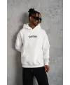 Erkek 3 İplik Pamuklu Kapüşonlu Baskılı Cepli Oversize Sweatshirt Hoodie - Beyaz