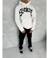Erkek 3 İplik Pamuklu Kapüşonlu Baskılı Cepli Oversize Sweatshirt Hoodie - Beyaz