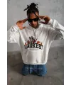 Erkek 3 İplik Pamuklu Kapüşonlu Baskılı Cepli Oversize Sweatshirt Hoodie - Beyaz