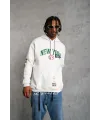 Erkek 3 İplik Pamuklu Kapüşonlu Baskılı Cepli Oversize Sweatshirt Hoodie - Beyaz