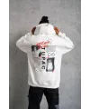 Erkek 3 İplik Pamuklu Kapüşonlu Baskılı Cepli Oversize Sweatshirt Hoodie - Beyaz