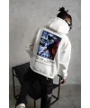 Erkek 3 İplik Pamuklu Kapüşonlu Baskılı Cepli Oversize Sweatshirt Hoodie - Beyaz