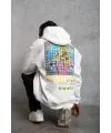 Erkek 3 İplik Pamuklu Kapüşonlu Baskılı Cepli Oversize Sweatshirt Hoodie - Beyaz