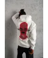 Erkek 3 İplik Pamuklu Kapüşonlu Baskılı Cepli Oversize Sweatshirt Hoodie - Beyaz