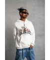 Erkek 3 İplik Pamuklu Kapüşonlu Baskılı Cepli Oversize Sweatshirt Hoodie - Beyaz
