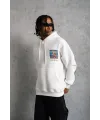 Erkek 3 İplik Pamuklu Kapüşonlu Baskılı Cepli Oversize Sweatshirt Hoodie - Beyaz