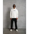 Erkek 3 İplik Pamuklu Kapüşonlu Baskılı Cepli Oversize Sweatshirt Hoodie - Beyaz
