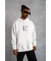 Erkek 3 İplik Pamuklu Kapüşonlu Baskılı Cepli Oversize Sweatshirt Hoodie - Beyaz
