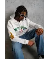 Erkek 3 İplik Pamuklu Kapüşonlu Baskılı Cepli Oversize Sweatshirt Hoodie - Beyaz