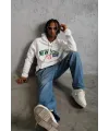 Erkek 3 İplik Pamuklu Kapüşonlu Baskılı Cepli Oversize Sweatshirt Hoodie - Beyaz