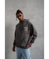 Erkek 3 İplik Pamuklu Kapüşonlu Baskılı Cepli Oversize Sweatshirt Hoodie - Gri
