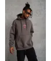 Erkek 3 İplik Pamuklu Kapüşonlu Baskılı Cepli Oversize Sweatshirt Hoodie - Gri