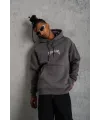 Erkek 3 İplik Pamuklu Kapüşonlu Baskılı Cepli Oversize Sweatshirt Hoodie - Gri
