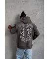 Erkek 3 İplik Pamuklu Kapüşonlu Baskılı Cepli Oversize Sweatshirt Hoodie - Gri