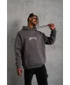 Erkek 3 İplik Pamuklu Kapüşonlu Baskılı Cepli Oversize Sweatshirt Hoodie - Gri