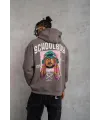 Erkek 3 İplik Pamuklu Kapüşonlu Baskılı Cepli Oversize Sweatshirt Hoodie - Gri