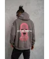Erkek 3 İplik Pamuklu Kapüşonlu Baskılı Cepli Oversize Sweatshirt Hoodie - Gri