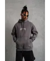 Erkek 3 İplik Pamuklu Kapüşonlu Baskılı Cepli Oversize Sweatshirt Hoodie - Gri