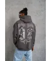 Erkek 3 İplik Pamuklu Kapüşonlu Baskılı Cepli Oversize Sweatshirt Hoodie - Gri