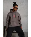 Erkek 3 İplik Pamuklu Kapüşonlu Baskılı Cepli Oversize Sweatshirt Hoodie - Gri