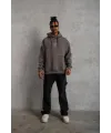 Erkek 3 İplik Pamuklu Kapüşonlu Baskılı Cepli Oversize Sweatshirt Hoodie - Gri