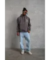 Erkek 3 İplik Pamuklu Kapüşonlu Baskılı Cepli Oversize Sweatshirt Hoodie - Gri