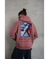 Erkek 3 İplik Pamuklu Kapüşonlu Baskılı Cepli Oversize Sweatshirt Hoodie - Gül Kurusu