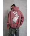 Erkek 3 İplik Pamuklu Kapüşonlu Baskılı Cepli Oversize Sweatshirt Hoodie - Gül Kurusu
