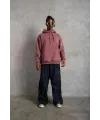 Erkek 3 İplik Pamuklu Kapüşonlu Baskılı Cepli Oversize Sweatshirt Hoodie - Gül Kurusu
