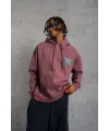 Erkek 3 İplik Pamuklu Kapüşonlu Baskılı Cepli Oversize Sweatshirt Hoodie - Gül Kurusu