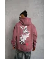 Erkek 3 İplik Pamuklu Kapüşonlu Baskılı Cepli Oversize Sweatshirt Hoodie - Gül Kurusu