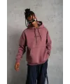 Erkek 3 İplik Pamuklu Kapüşonlu Baskılı Cepli Oversize Sweatshirt Hoodie - Gül Kurusu