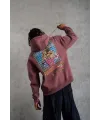 Erkek 3 İplik Pamuklu Kapüşonlu Baskılı Cepli Oversize Sweatshirt Hoodie - Gül Kurusu