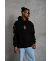 Erkek 3 İplik Pamuklu Kapüşonlu Baskılı Cepli Oversize Sweatshirt Hoodie - Siyah