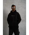 Erkek 3 İplik Pamuklu Kapüşonlu Baskılı Cepli Oversize Sweatshirt Hoodie - Siyah