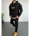 Erkek 3 İplik Pamuklu Kapüşonlu Baskılı Cepli Oversize Sweatshirt Hoodie - Siyah