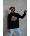 Erkek 3 İplik Pamuklu Kapüşonlu Baskılı Cepli Oversize Sweatshirt Hoodie - Siyah