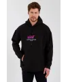Erkek 3 İplik Pamuklu Kapüşonlu Baskılı Cepli Oversize Sweatshirt Hoodie - Siyah