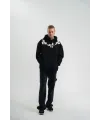 Erkek 3 İplik Pamuklu Kapüşonlu Baskılı Cepli Oversize Sweatshirt Hoodie - Siyah